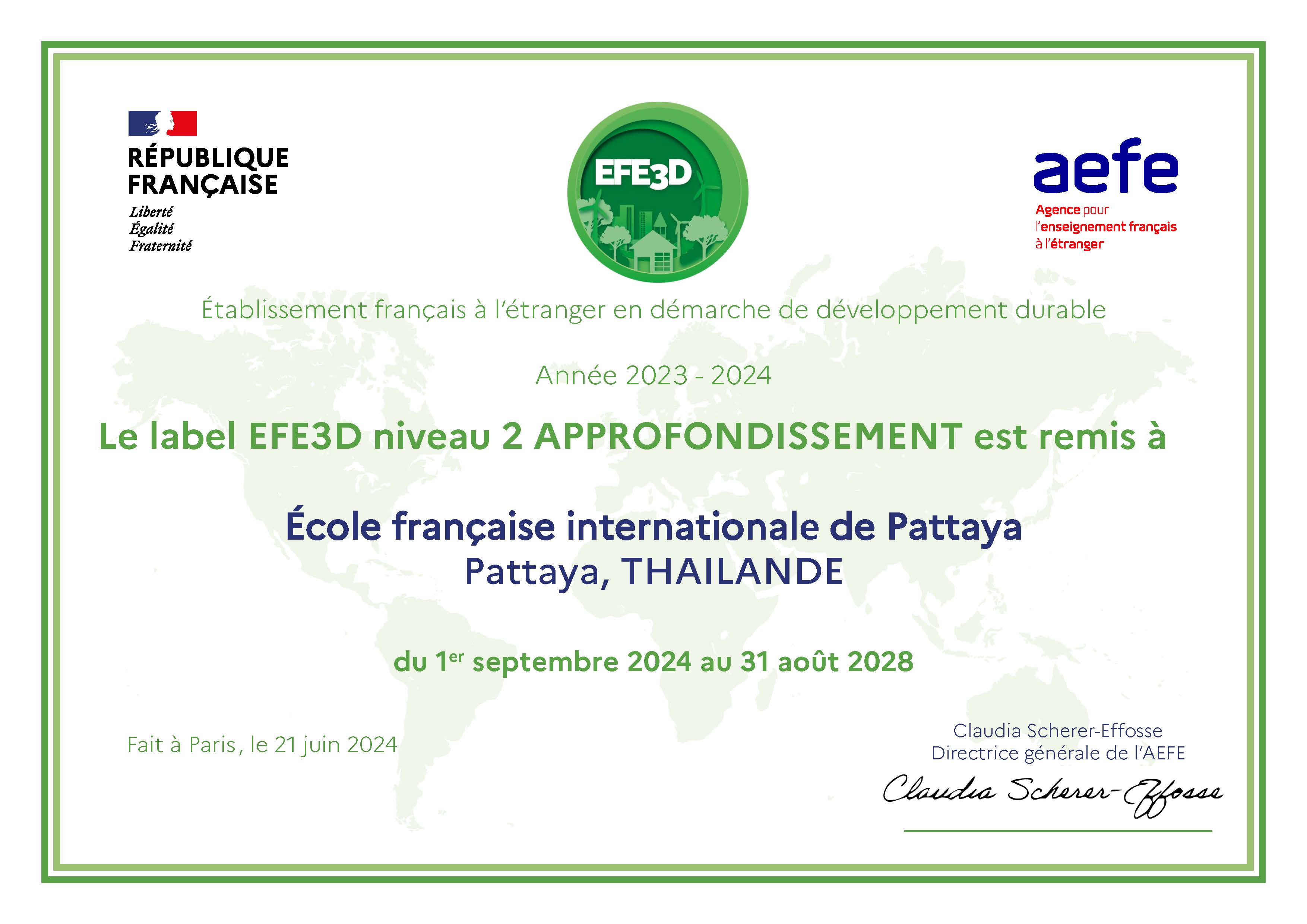 ป้าย EFE3D ระดับ 2 – โรงเรียนนานาชาติฝรั่งเศสพัทยา (2567–2571)